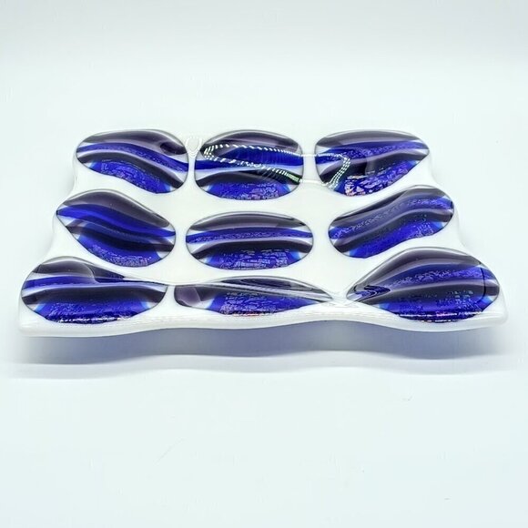 Cobalt Blue Purple Circle Print Square White Art Glass Dish - Picture 3 of 6